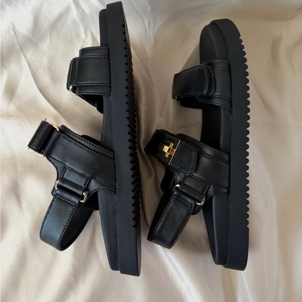 Steve Madden Black Sandals with Gold Accents - Picture 2 of 16